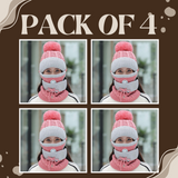 Women 3 Pc's Beanie Cap With Neck Warmer And Mask - Pink