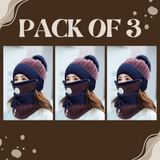 Women 3 Pc's Beanie Cap With Neck Warmer And Mask - Blue