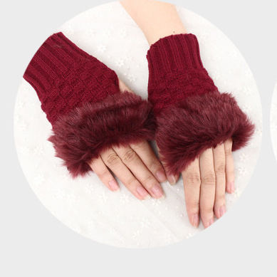 Women Faux Rabbit Fur Gloves - Maroon