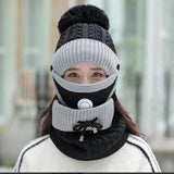 Women 3 Pc's Beanie Cap With Neck Warmer And Mask - Black