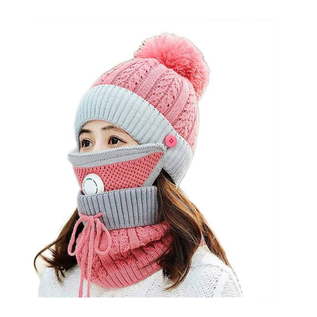 Women 3 Pc's Beanie Cap With Neck Warmer And Mask - Pink