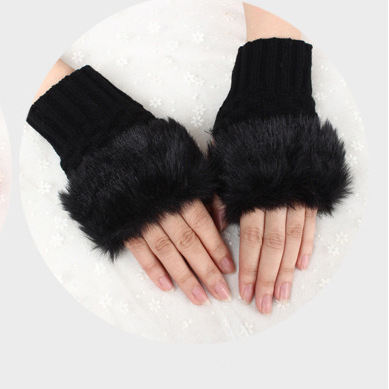 Women Faux Rabbit Fur Gloves - Black
