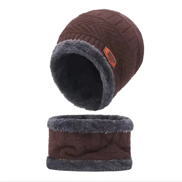 Unisex Beanie Wool Cap With Neck Warmer - Brown