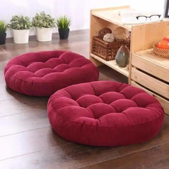 Velvet Round Floor Cushions With Ball Fiber Filling (1 Pair = 2 Pieces) - Maroon