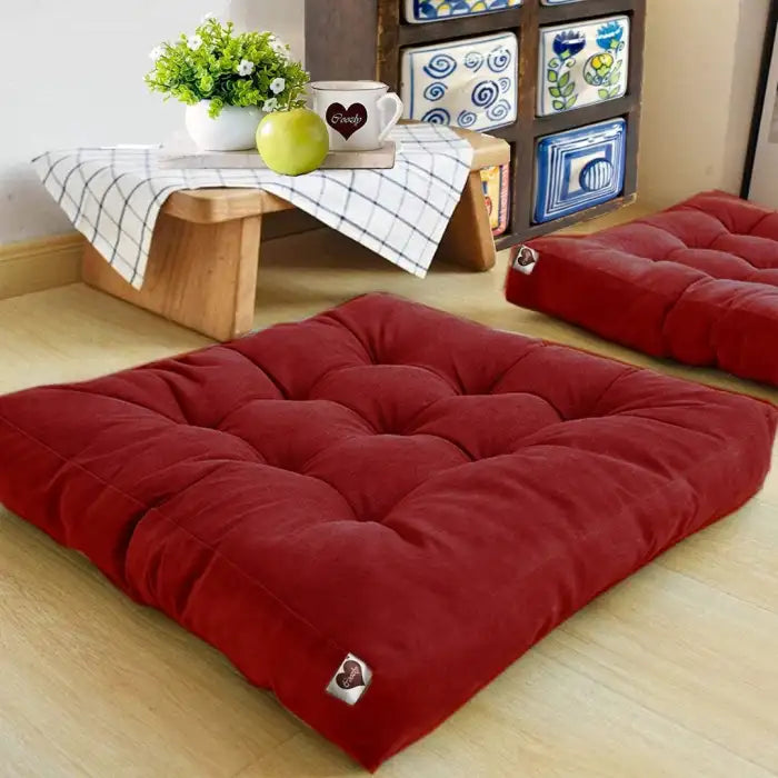 Velvet Square Floor Cushions With Ball Fiber Filling (1 Pair = 2 Pieces) - Maroon